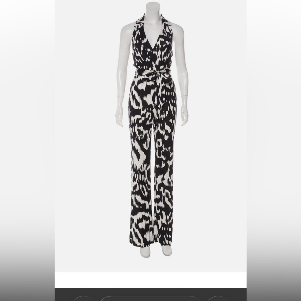 Diane Von Furstenberg Black and White Abstract Wrap Jumpsuit